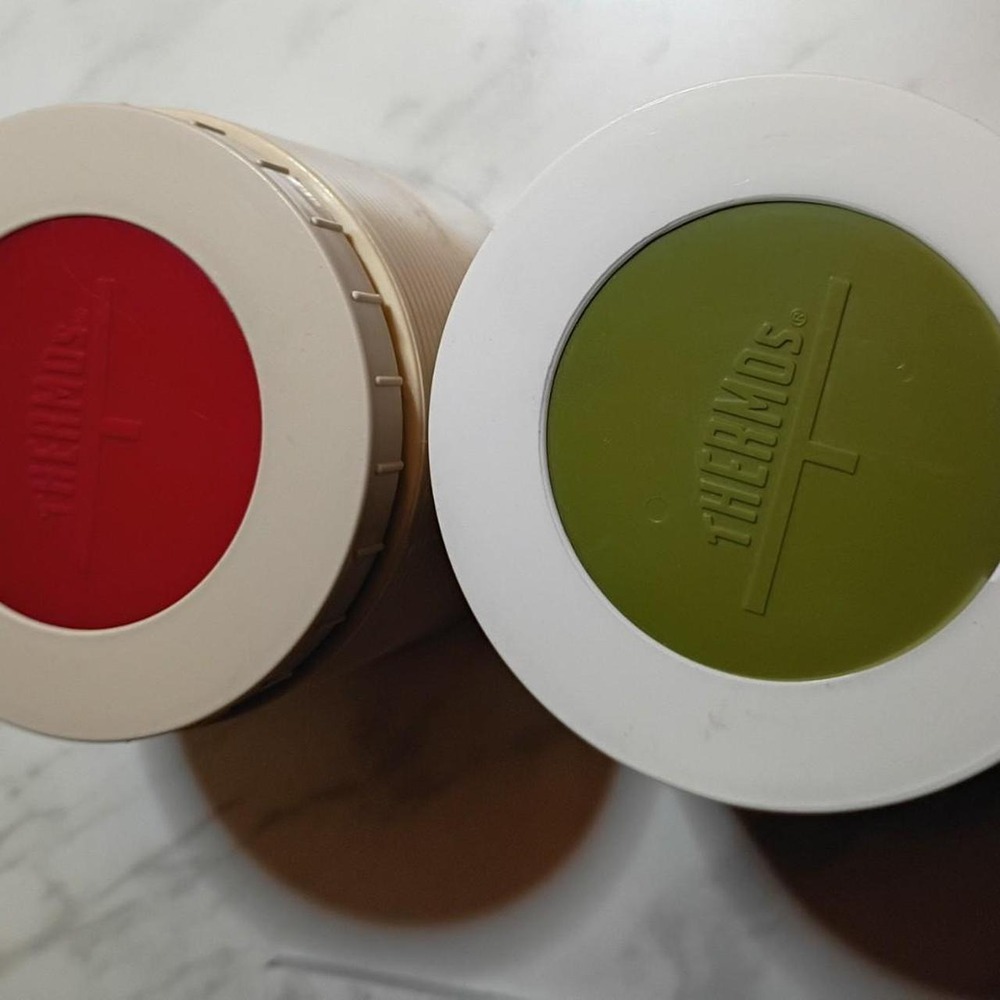 Vintage Thermos Insulated Jar Model 1155 Ribbed Cream Red Green Set of 2 USA